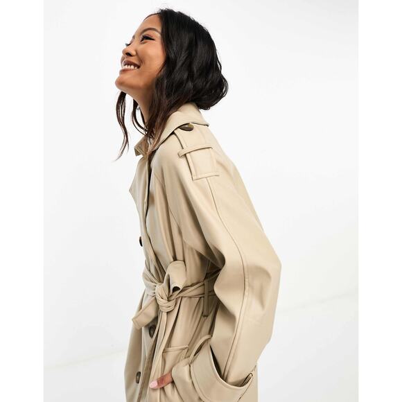 ASOS DESIGN Tan Faux Leather Trench Coat Size 12 Long Preppy Chic Minimalist - Picture 8 of 15